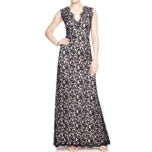 Tadashi Shoji Black Lace V-Neck Full Length Gown Size 6 Cap Sleeve Back Zip
